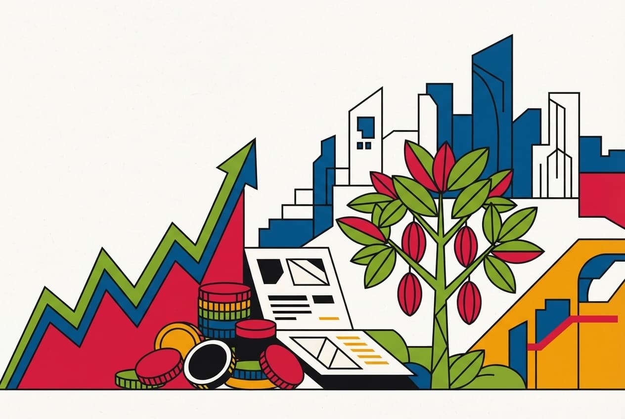 Illustration plate : graphique boursier, pile de monnaie, cacaoyer, horizon urbain, document financier